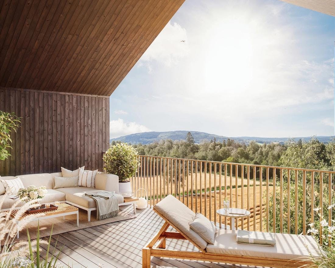 Privat terrasse med møblement og nydelig utsikt